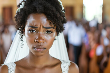 Portrait of a heartbroken African American bride in her thirties, wearing a white wedding dress, left at the altar in a church