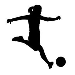 Silhouette of a female soccer player kicking a ball. Silhouette of a football player woman in action pose.