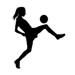 Silhouette of a female soccer player kicking a ball. Silhouette of a football player woman in action pose.