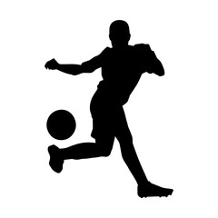 Silhouette of a female soccer player kicking a ball. Silhouette of a football player woman in action pose.
