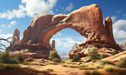 A realistic natural landscape of Arches Park in muted colors.