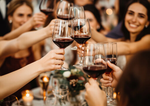 A group of friends toasting with red wine glasses at a festive gathering or celebration, depicting joy and togetherness.