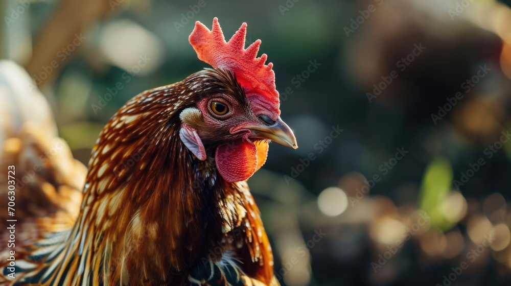 Poster a close-up view of a rooster with a vibrant red comb. this image can be used to depict farm life, po