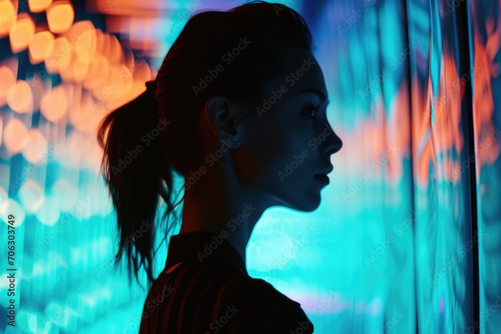 Poster a woman standing in front of a wall of lights. perfect for adding a touch of elegance and glamour to