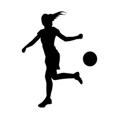 Silhouette of a female soccer player kicking a ball. Silhouette of a football player woman in action pose.