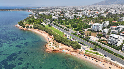 Aerial drone photo of famous seascape of Athens Riviera with crystal clear beaches, Voula, Saronic gulf, Attica, Greece