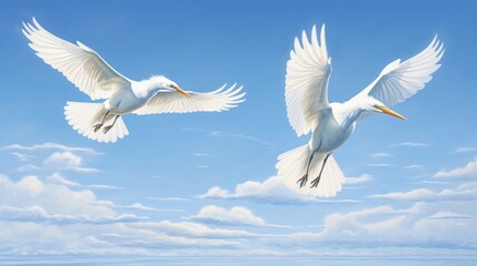 Two majestic white birds in mid-flight against the backdrop of a brilliant blue sky, their synchronized movement evoking a sense of effortless elegance and unity.