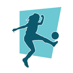 Fototapeta na wymiar Silhouette of a female soccer player kicking a ball. Silhouette of a football player woman in action pose.