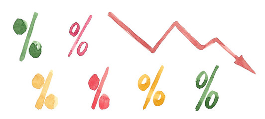 Winter sale. A set of watercolor icons in a chaotic pattern, hand drawn in green, red and yellow colors, and a red arrow pointing down. Illustration for your design