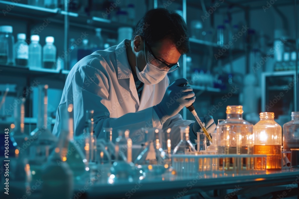 Aufkleber a man in a lab coat is using a cell phone. suitable for scientific research, technology, and communi