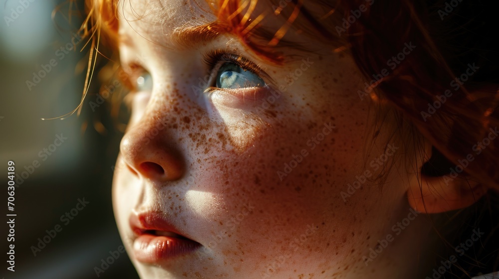 Poster a close-up view of a child with freckles on her face. perfect for capturing the innocence and beauty