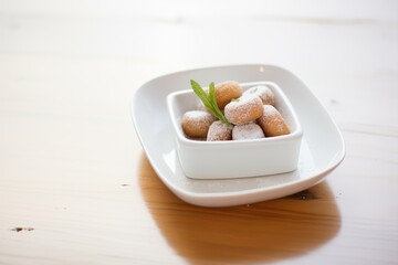 powdered mini donuts in a white dish