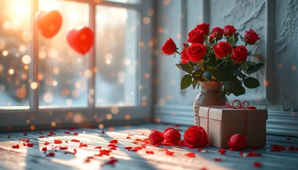 Foto auf Acrylglas Gift box, red roses in vase, baloons heart in white minimalistic empty room. Copy space. Concept of Valentine's Day, Love, Birthday, Relationships, Romantic © MarijaBazarova