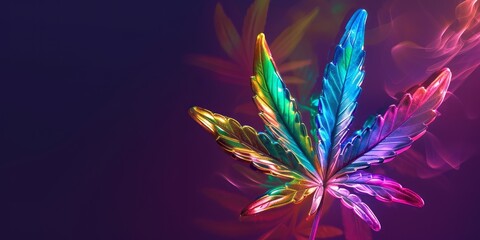 Cannabis plant with leaves rainbow color abstract image on a vibrant purple background