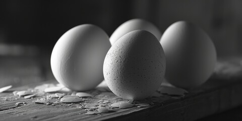 Four eggs sitting on top of a wooden table. Suitable for food, cooking, and breakfast concepts