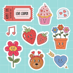 Clip art of cute vector love stickers in retro groovy style for Valentine day. Love coupon, cupcake, strawberry, flower, bear, heart. Sticker badges and labels, romantic holidays Valentine day pack.