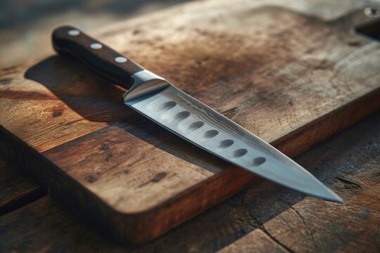 A knife is placed on top of a wooden cutting board. This image can be used to depict cooking, meal preparation, or kitchen utensils