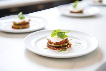 individual servings of eggplant parmesan on white plates