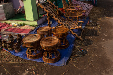 Beautiful bamboo furniture, works of handicraft, for sale during Handicraft Fair in Kolkata. Selective focus.