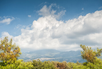Obraz premium Nature summer background with cloudy sky, mountain and branches of trees