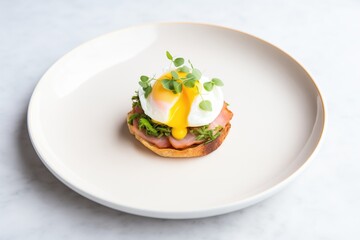 a single egg benedict in the center of a round white plate with parsley