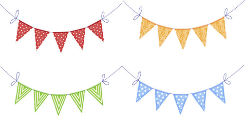Colorful festive bunting flags with polka dots and patterns. Celebration garland decoration vector illustration. Party decor, joyful event banner design, festive atmosphere vector illustration. - obrazy, fototapety, plakaty