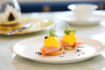 eggs benedict with a touch of caviar, served on fine diningware