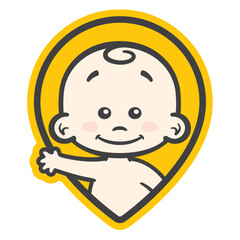 Vector yellow map pin icon with an image of a waving baby. Isolated on white background