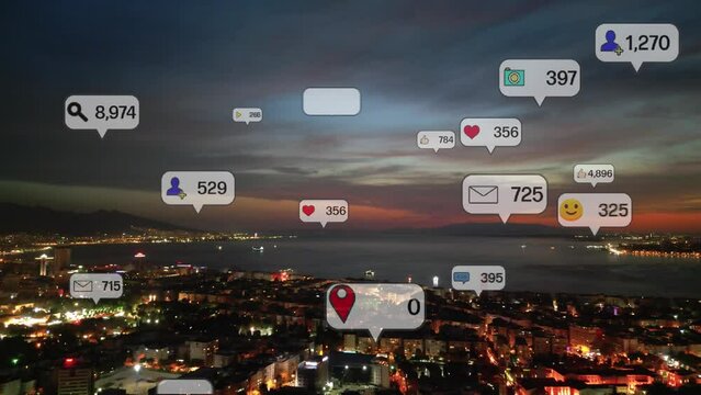 Social media icons fly over city downtown showing people engagement connection through social network application platform . Concept for online community and social media marketing strategy . High
