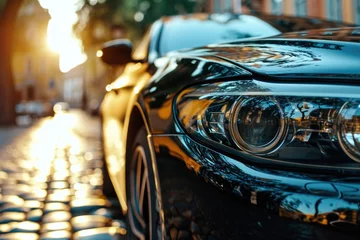 Foto op Canvas A black car parked on a cobblestone street. Suitable for automotive or urban-themed designs © Fotograf