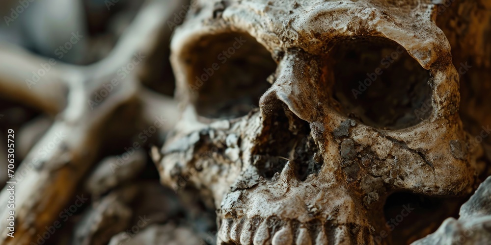 Poster a detailed close up of a human skull resting on a pile of sticks. suitable for dark and eerie themes