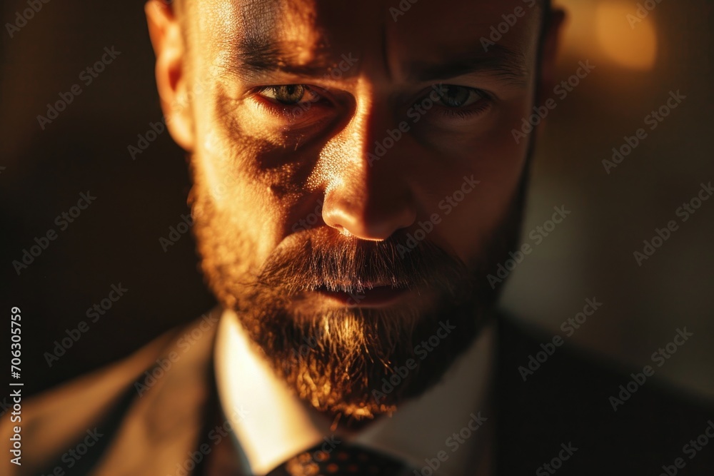 Poster a man with a beard wearing a suit and tie. suitable for professional and business-related concepts