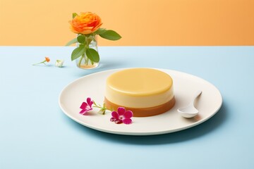 flan on a pastel plate with a clean, minimalist background