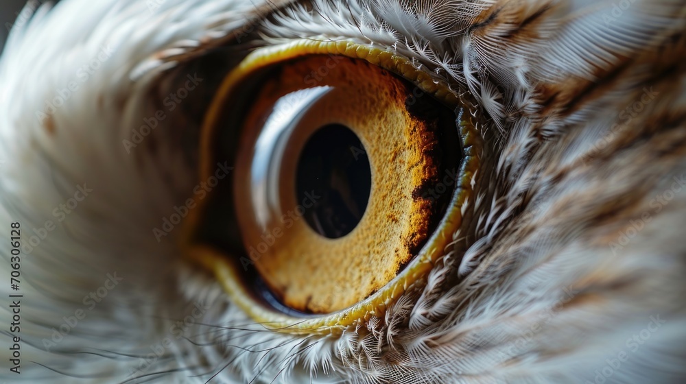 Poster a detailed shot of a bird of prey's eye. this image can be used to depict the intensity and focus of