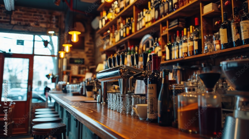 Poster A bar filled with a variety of bottles and glasses. This image can be used to depict a busy bar scene or to illustrate the concept of nightlife and socializing