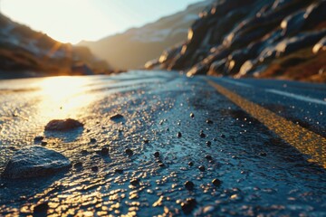 A picture of a wet road with rocks and a majestic mountain in the background. Perfect for travel and adventure themes