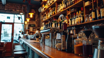 A bar filled with a variety of bottles and glasses. This image can be used to depict a busy bar scene or to illustrate the concept of nightlife and socializing - obrazy, fototapety, plakaty