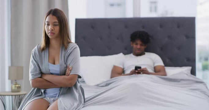 Angry, woman and couple in bedroom with fight from phone, conflict or challenge. Marriage, stress or person frustrated with partner cheating online in affair or depressed from divorce and break up