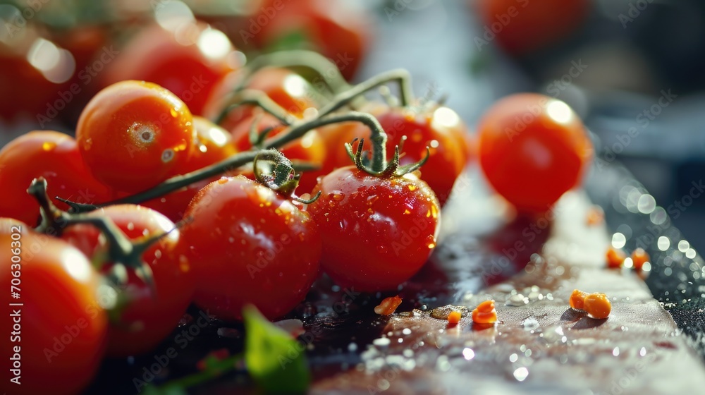 Poster a bunch of tomatoes sitting on top of a cutting board. suitable for food-related projects and cookin
