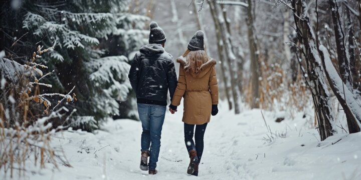 A picture of a man and a woman walking together in the snow. This image can be used to depict a romantic winter walk or a couple enjoying the snowy weather.
