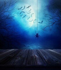 Wooden floor with spider and Halloween background