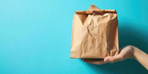 A person is seen holding a brown paper bag against a vibrant blue background. This image can be used to represent concepts such as shopping, consumerism, sustainability, or packaging.