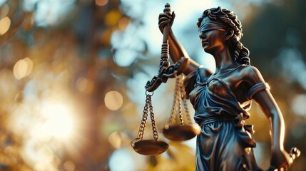 Lady Justice statue holding a sword, symbolizing strength and the fair administration of justice. Suitable for legal and judicial concepts - obrazy, fototapety, plakaty