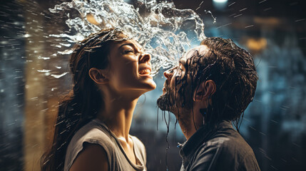 woman and man under water splash