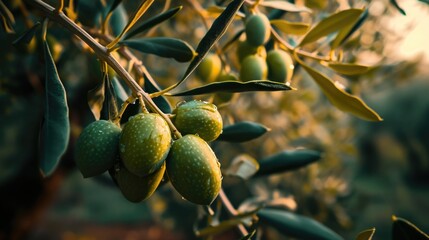 A bunch of green olives hanging from a tree. Perfect for food and agriculture-related projects