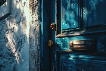 A close-up view of a door handle on a blue door. This image can be used to depict entrances, home security, or interior design