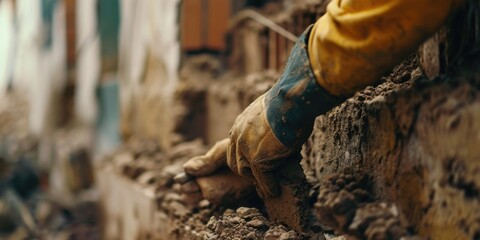 A person's hand is seen sticking out of a wall. This image can be used to represent concepts such as helplessness, entrapment, or a mysterious presence