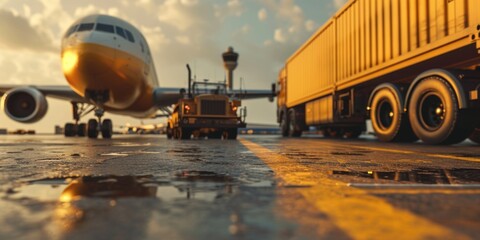 An airplane is parked on the tarmac next to a truck. Suitable for transportation, aviation, or logistics themes - obrazy, fototapety, plakaty