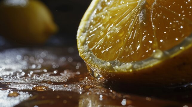 A close up shot of a slice of lemon resting on a table. This image can be used to add a refreshing touch to food and beverage-related designs