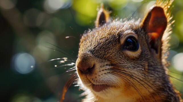 A detailed view of a squirrel with a blurred background. This image can be used to depict wildlife, nature, or animals in their natural habitat